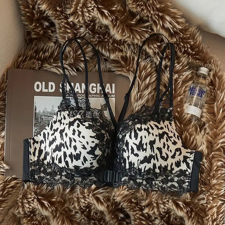 French Leopard Print Anti Sagging Front Buckle Women's Bra