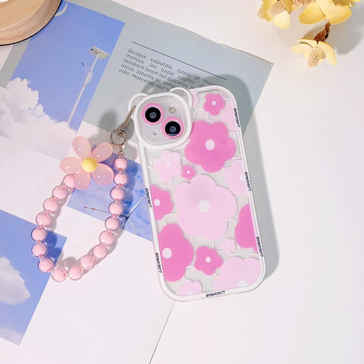 Pink Floral Pattern Transparent Silicon Case for iPhone With Phone Charm