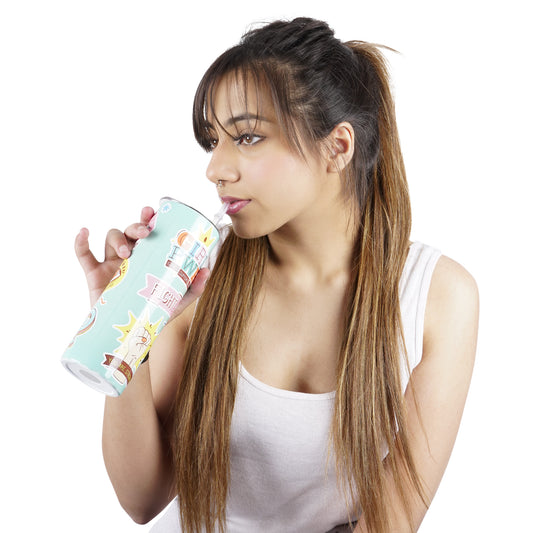 Stainless Heavy Steel Designer Water Bottle with Heavy Plastic Straw (Girl Power)