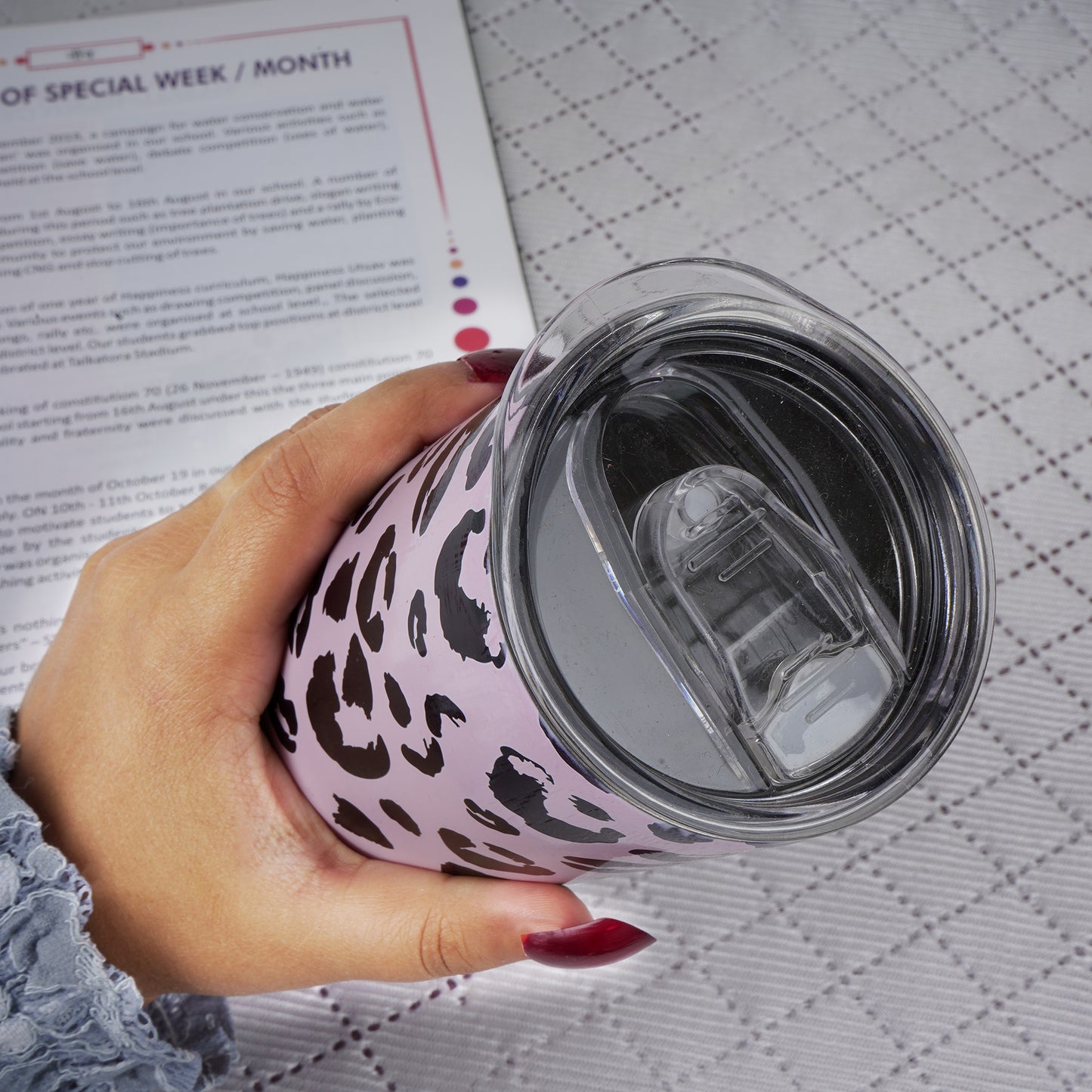 Stainless Heavy Steel Designer Water Bottle with Heavy Plastic Straw (Chick Leopard)