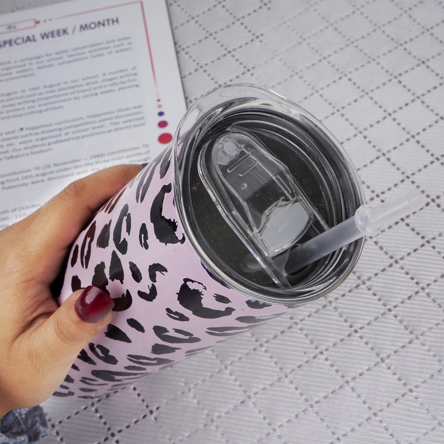Stainless Heavy Steel Designer Water Bottle with Heavy Plastic Straw (Chick Leopard)