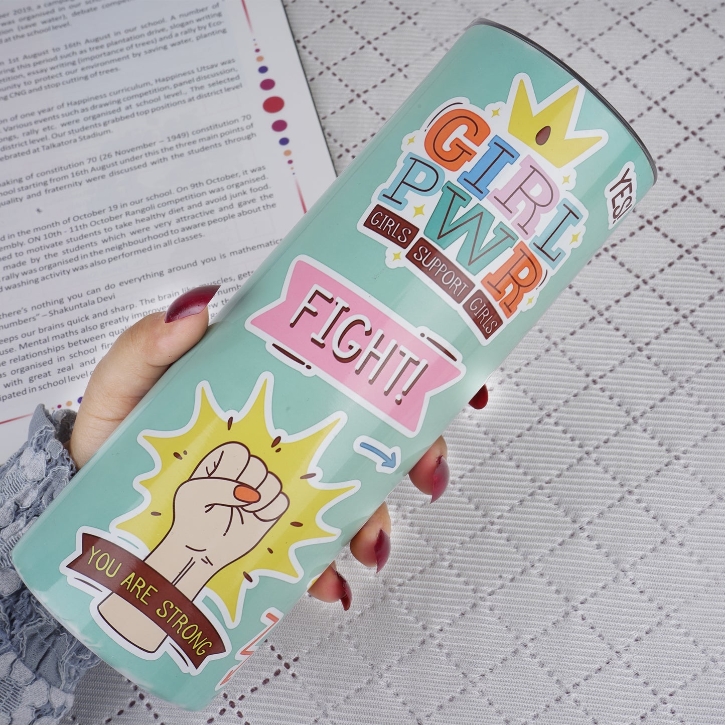 Stainless Heavy Steel Designer Water Bottle with Heavy Plastic Straw (Girl Power)