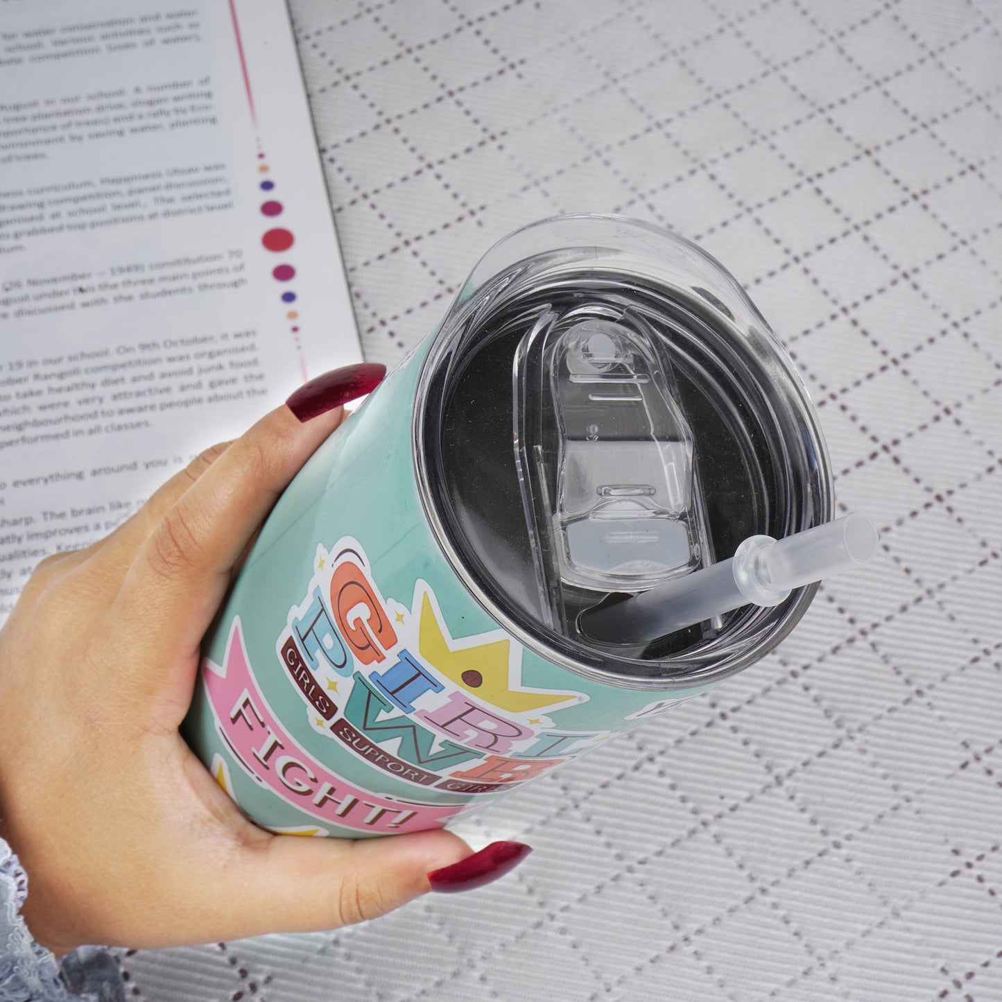 Stainless Heavy Steel Designer Water Bottle with Heavy Plastic Straw (Girl Power)