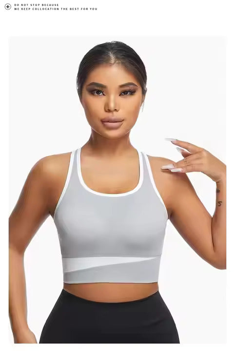 Fitness Running Sports Bra Women's Gathering Cross Back Color Clashing Soft Comfortable