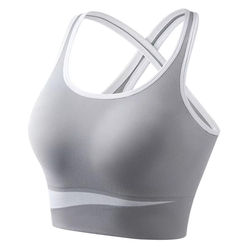 Fitness Running Sports Bra Women's Gathering Cross Back Color Clashing Soft Comfortable