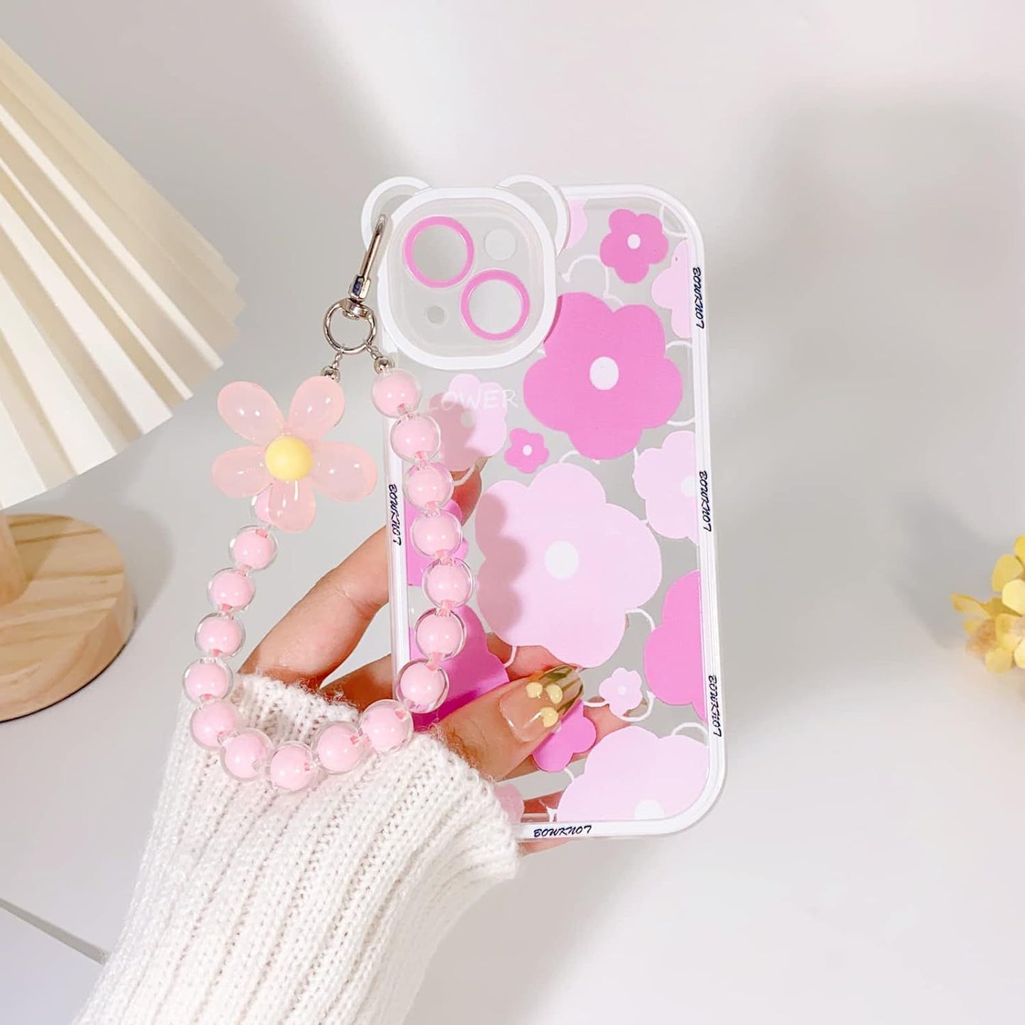 Pink Floral Pattern Transparent Silicon Case for iPhone With Phone Charm