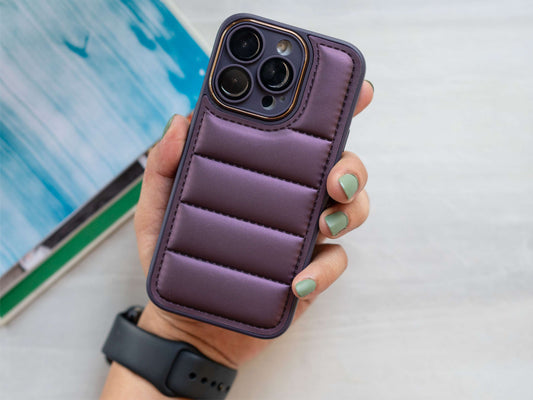 Deep Purple Puff Case with Golden Metal Camera Ring and Lens Glass