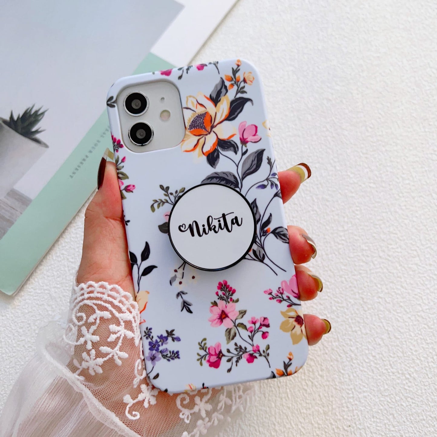 Blue Floral Slim Case Cover With Customised Holder