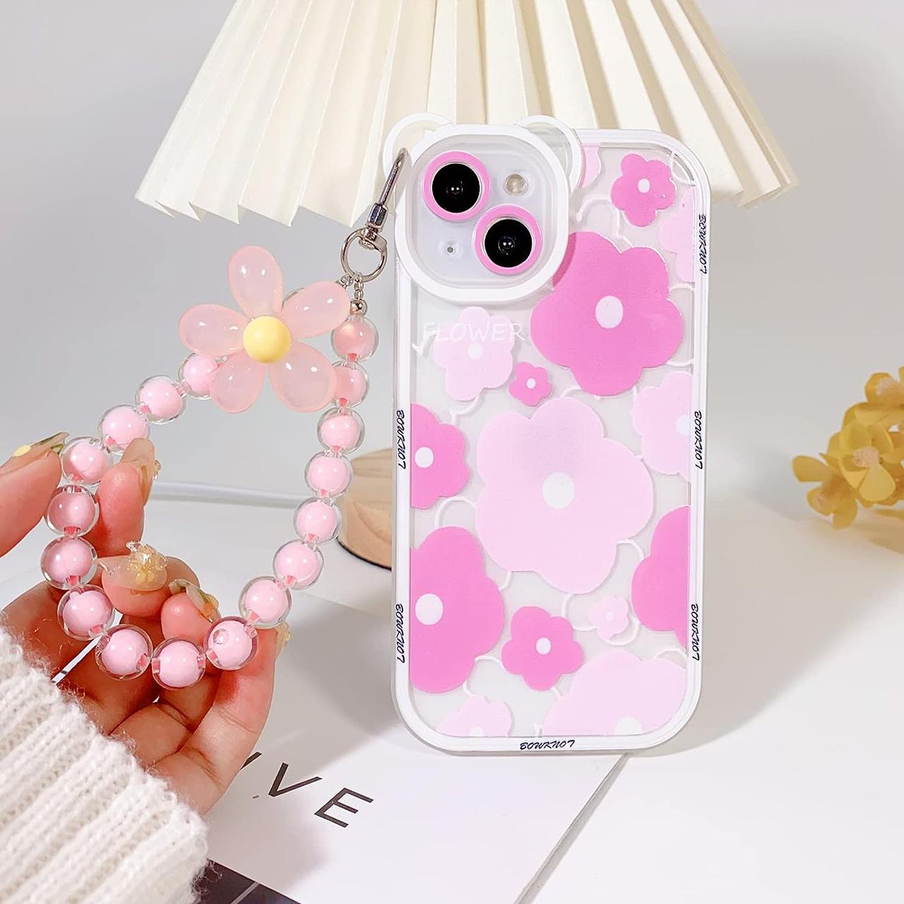 Pink Floral Pattern Transparent Silicon Case for iPhone With Phone Charm