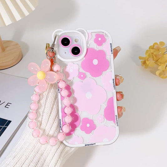 Pink Floral Pattern Transparent Silicon Case for iPhone With Phone Charm