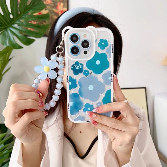 Floral Pattern Transparent Silicon Case for iPhone With Phone Charm