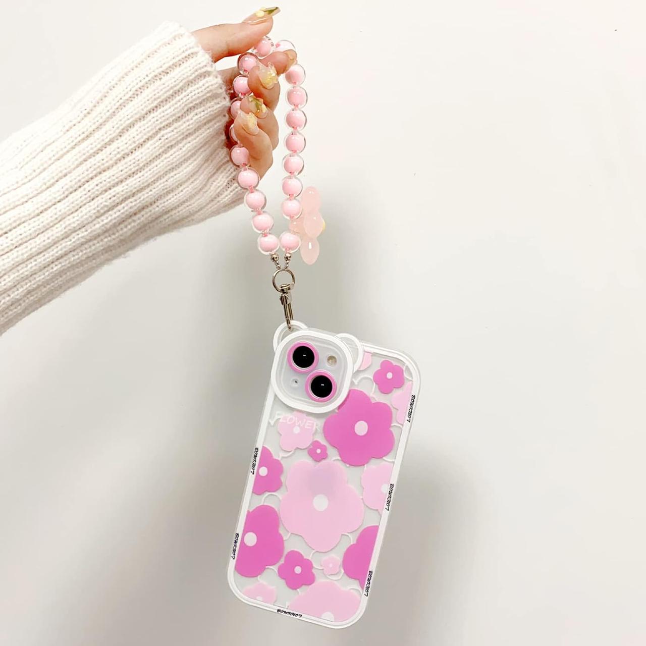 Pink Floral Pattern Transparent Silicon Case for iPhone With Phone Charm
