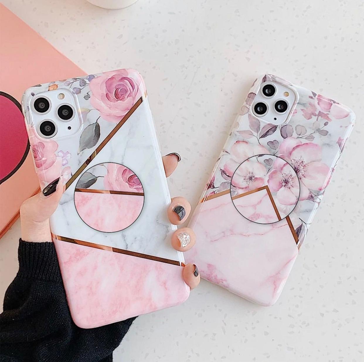 Pink Marble And Floral Slim Case Cover With Holder